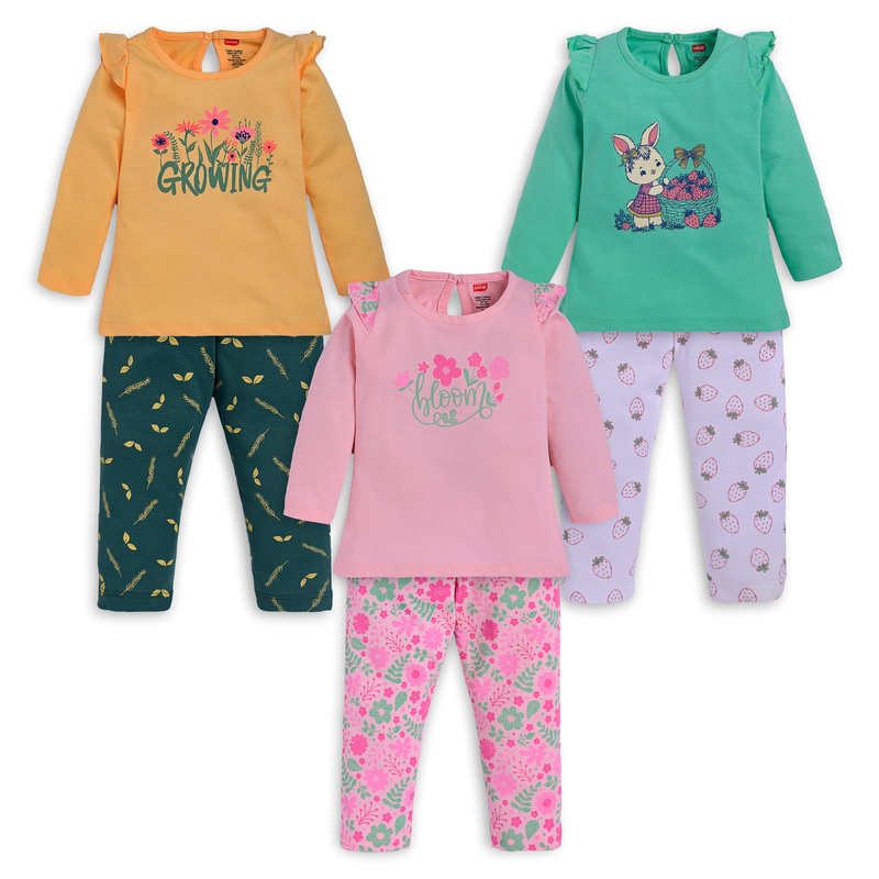Baby Girls Pack Of 3 Full Sleeve Top & Pyjama Set 100% Cotton M – 3 to 6 Months