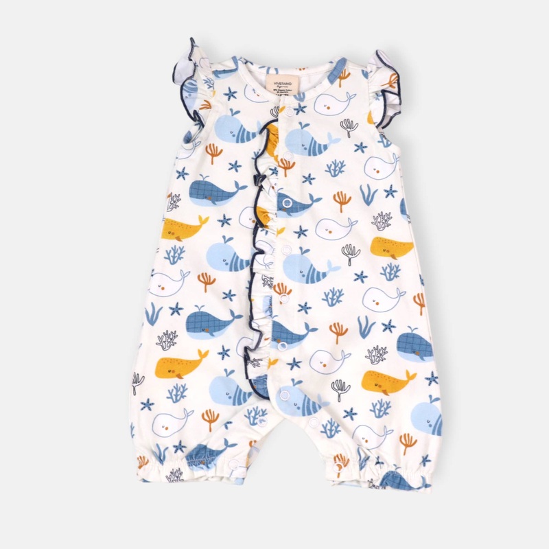 Ocean Whales Ruffle & Button Baby Romper (Organic Jersey) 0-3M Dove White