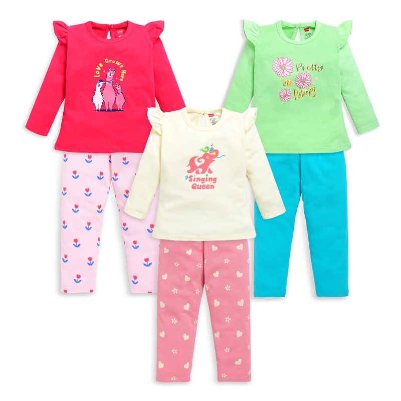 Baby Girls 100% Cotton Full Sleeve Girls Top & Pyjama CoSets Pack Of 3, Coral Red, Off White & Paradise Green M – 3 to 6 Months