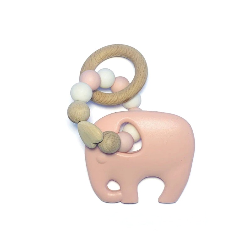 Sugar + Maple Silicone with Beechwood Teether – Elephant Blush