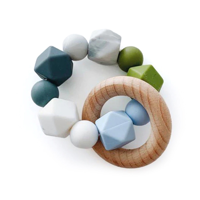 Sugar + Maple Silicone with Beechwood Teether – Multi Color Blue
