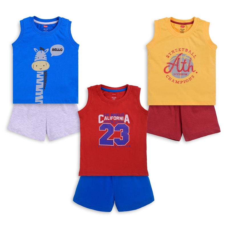 Baby Boys Pack Of 3 Sleeveless Tank Top & Shorts Set 100% Cotton, M (3 to 6 Months) M – 3 to 6 Months