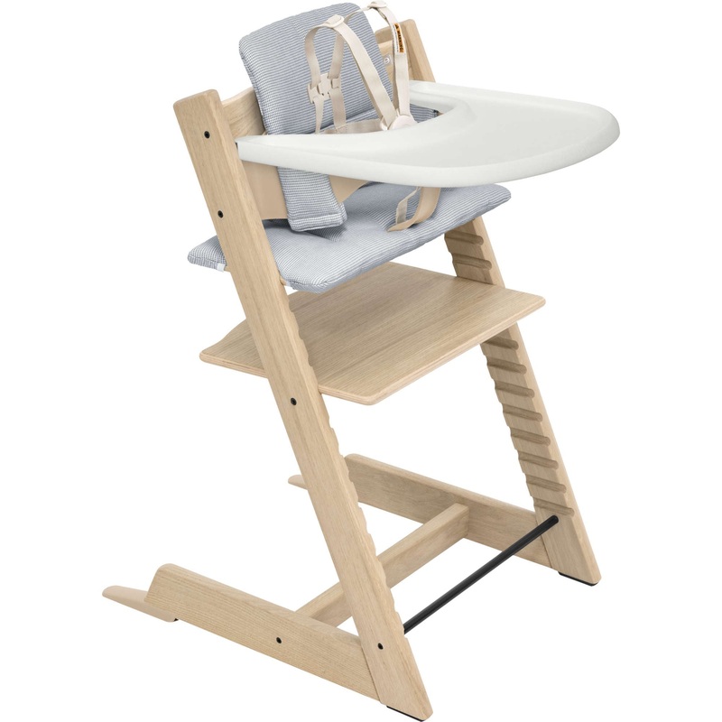 Tripp Trapp High Chair Oak with Cushion + Stokke Tray Natural + Nordic Blue Cushion