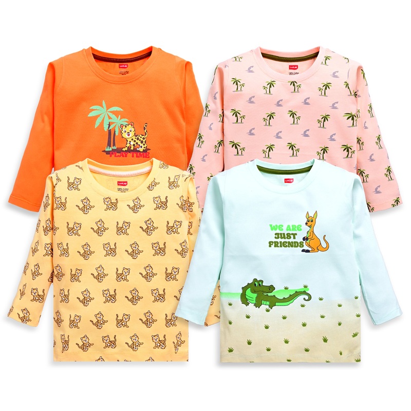 Baby Boys Regular Fit 100% Cotton Full Sleeves Boys T-Shirts Sets Pack Of 4, Mint, Light Peach, Mango & Papaya M – 3 to 6 Months