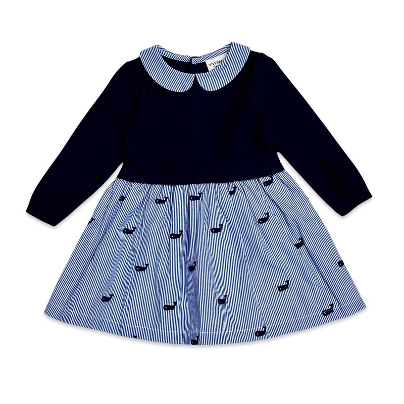 Whale Embroidered Pinstripe Baby Sweater Knit Dress (Organic: 18-24M / Navy Blue