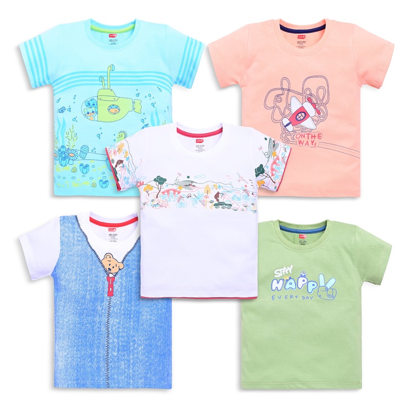 Baby Boys Regular Fit 100% Cotton Half Sleeve Boys T-Shirt Pack Of 5, White, Aqua, White, Peach & Olive M – 3 to 6 Months