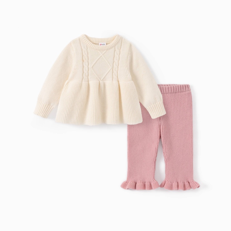 Baby Girl 2pcs Sweater Ruffled Top and Pants Set Color block 12-18 Months