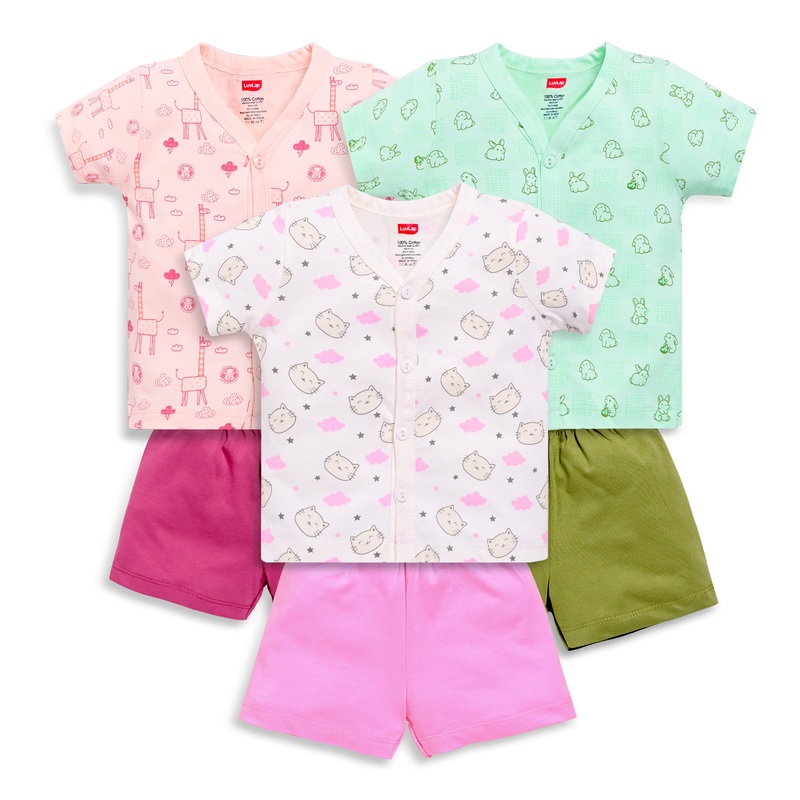 Baby Boys & Girls Regular Fit 100% Cotton Half Sleeve Jhabla & Shorts Sets Pack Of 3, Sea Salt, Sea Green & Light Peach S – 1 to 3 months