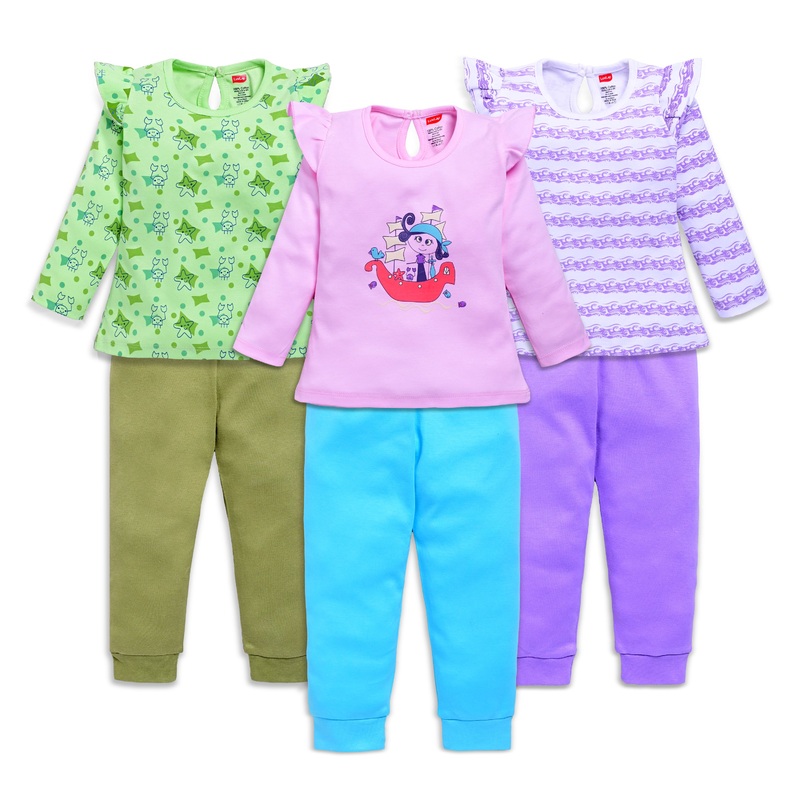 Baby Girls 100% Cotton Full Sleeve Girls Top & Pyjama CoSets Pack Of 3, Baby Pink, Paradise Green & White M – 3 to 6 Months