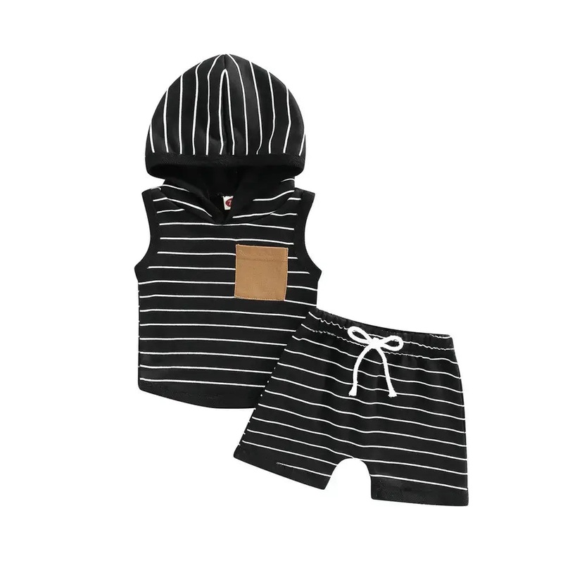 Unisex Hood Tank and Shorts Set- Black Stripe: 12- 18 Months