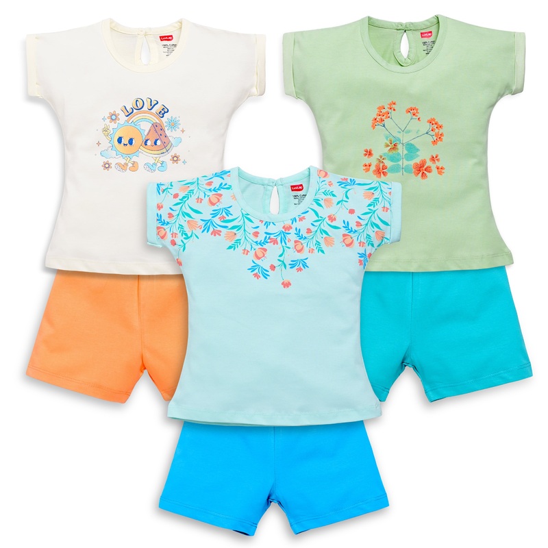 Baby Girls 100% Cotton Sleeveless Girls Top & Shorts Sets Pack Of 3, Soothing Sea, Off White & Sea Foam Green M – 3 to 6 Months