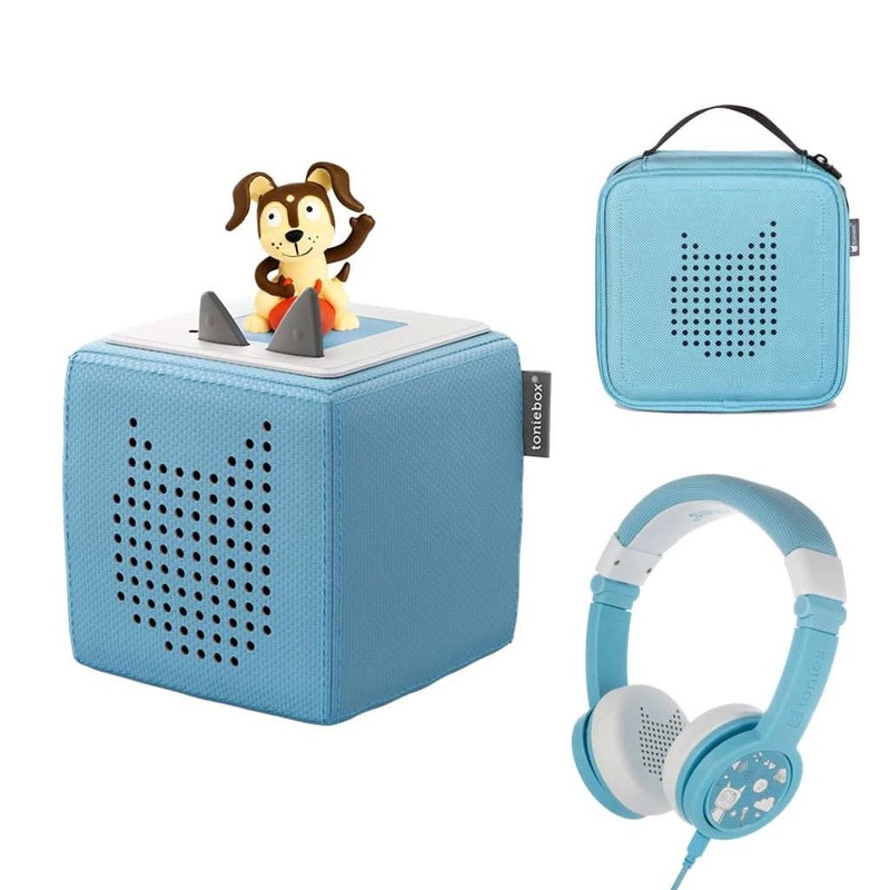 Tonies Toniebox Playtime Puppy Starter Set with Foldable Headphones and Carrying Case Light Blue