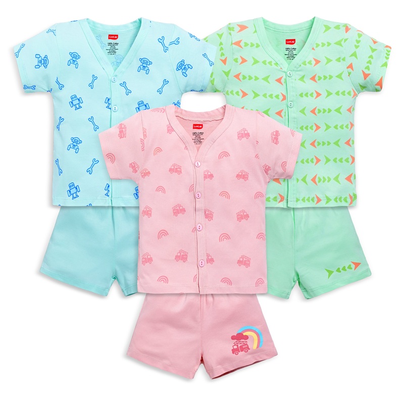 Baby Boys & Girls Regular Fit 100% Cotton Half Sleeve Jhabla & Shorts Sets Pack Of 3, Peach Whip, Sea Green & Soothing Sea S – 1 to 3 months