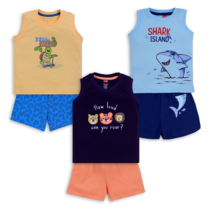 Baby Boys Pack Of 3 Sleeveless Tank Top & Shorts Set 100% Cotton L – 6 to 12 Months