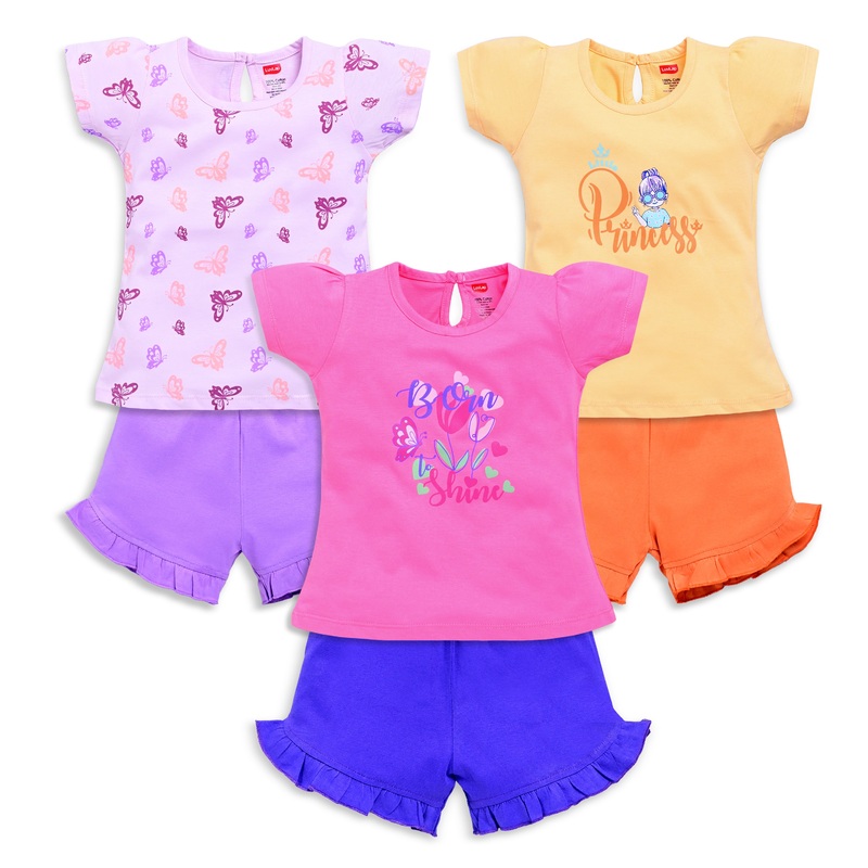 Baby Girls Regular Fit 100% Cotton Half Sleeves Girls Top CoSets Pack Of 3, Morning Glory, Mango & Lilac Snow M – 3 to 6 Months