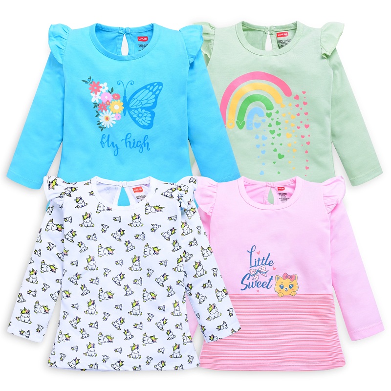 Baby Girls 100% Cotton Full Sleeve Girls Top Pack Of 4, Baby Pink, Blue Radiance, Sea Foam Green & White M – 3 to 6 Months