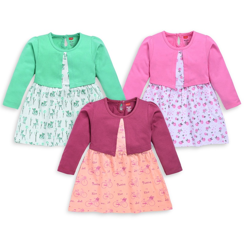 Baby Girls Pack Of 3 Full Sleeve Frock 100% Cotton XL – 12 to 18 Months