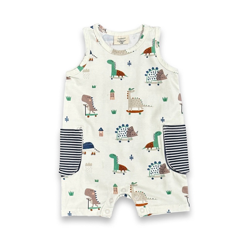 Skater Dino Side Pocket Shortie Baby Romper (Organic Jersey) Natural 0-3M