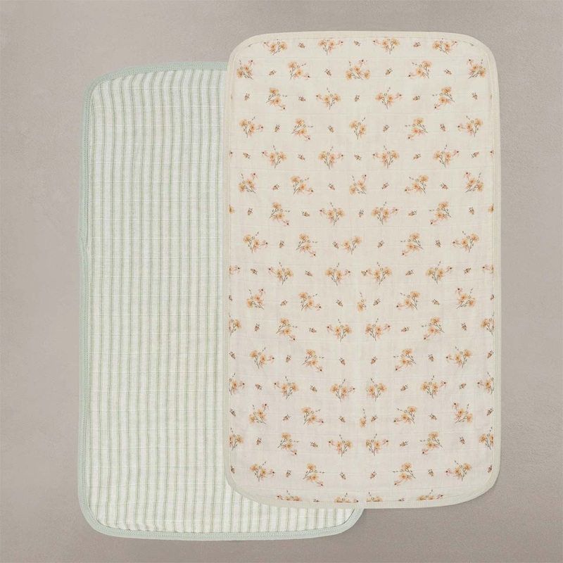 Oilo Fable Burp Cloth 2 Pack- Dainty Floral & Stripe Sea Moss Organic Muslin