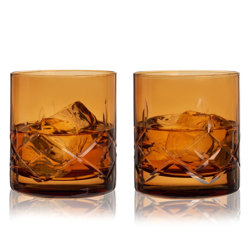 Admiral Hand-Etched Crystal Rocks Glasses – Amber -Set of 2