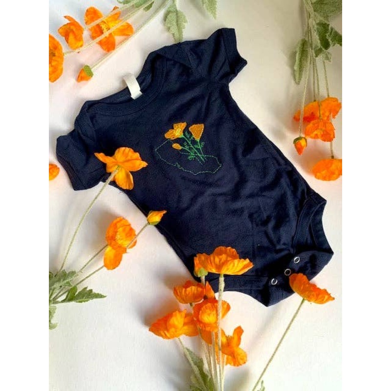 California Poppy Cotton Baby Onesie – Navy 3-6months