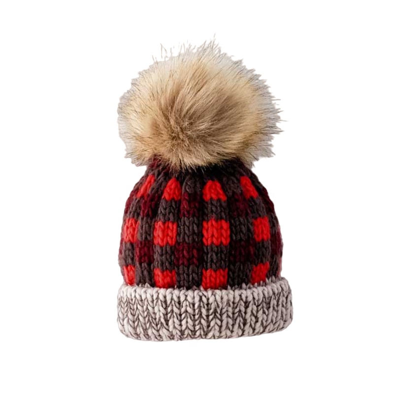 Huggalugs Red Buffalo Check Beanie NB