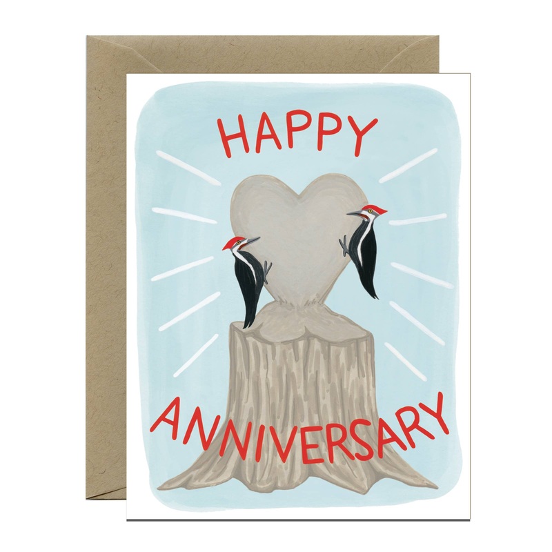 Woodpeckers Carving Heart into Forest Tree Trunk Anniversary Card