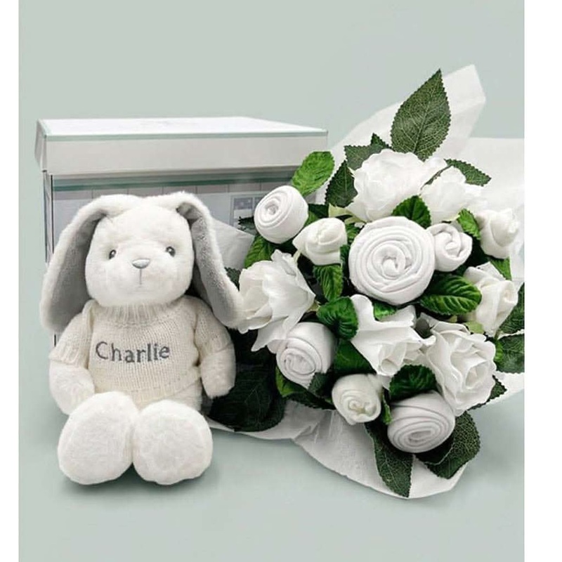 Babyblooms Hand Tied Baby Clothes Bouquet and Personalized Bunny White
