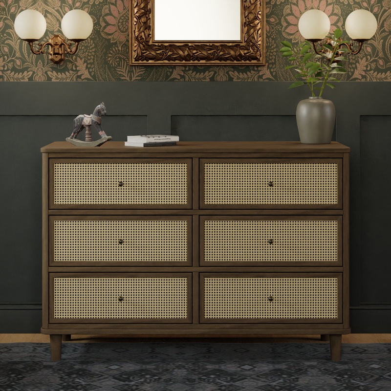 Namesake Marin with Cane 6 Drawer Dresser Natural Walnut with Blonde Cane