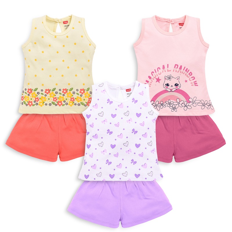 Baby Girls Pack Of 3 Sleeveless Top & Shorts Set 100% Cotton M – 3 to 6 Months