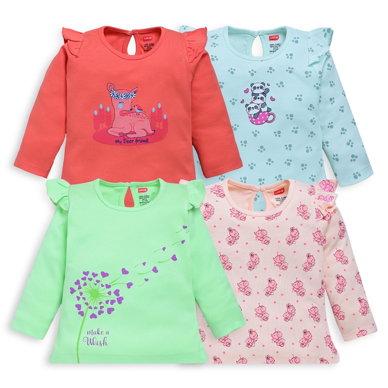 Baby Girls 100% Cotton Full Sleeve Girls Top Pack Of 4, Light Peach, Coral Quartz, Mint & Paradise Green M – 3 to 6 Months