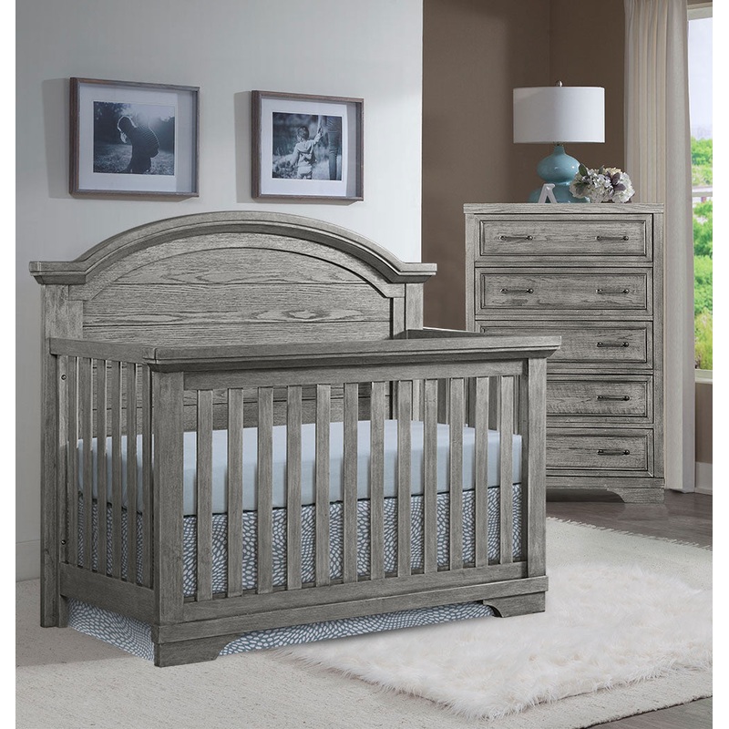 Westwood Foundry 2 Piece Nursery Set – Arched Crib and 5 Drawer Chest in Brushed Pewter