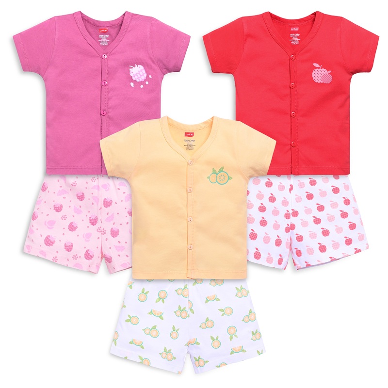 Baby Boys & Girls Regular Fit 100% Cotton Half Sleeve Jhabla & Shorts Sets Pack Of 3, Burgundy, Mango & Aurora Red S – 1 to 3 months