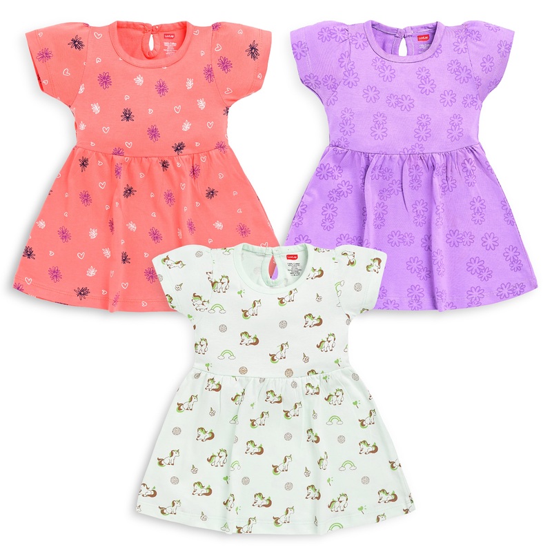 Baby Girls Pack Of 3 Half Sleeve Frock 100% Cotton L – 6 to 12 Months