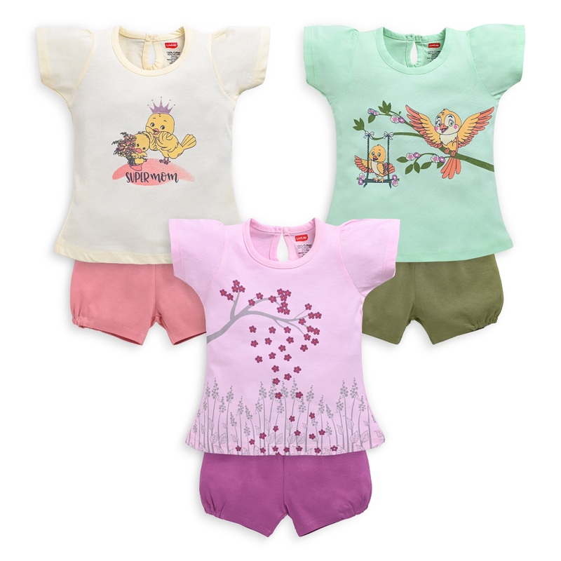 Baby Girls Pack Of 3 Half Sleeve Top & Shorts Set 100% Cotton M – 3 to 6 Months
