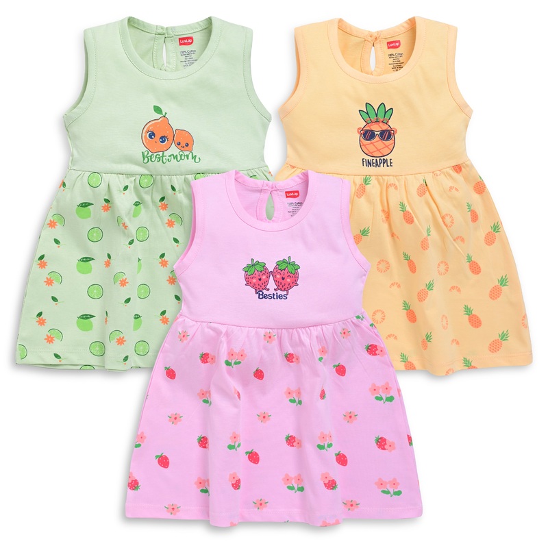 Baby Girl 100% Cotton Sleeveless Girls Frock Pack Of 3, Sea Foam Green, Mango & Baby Pink L – 6 to 12 Months