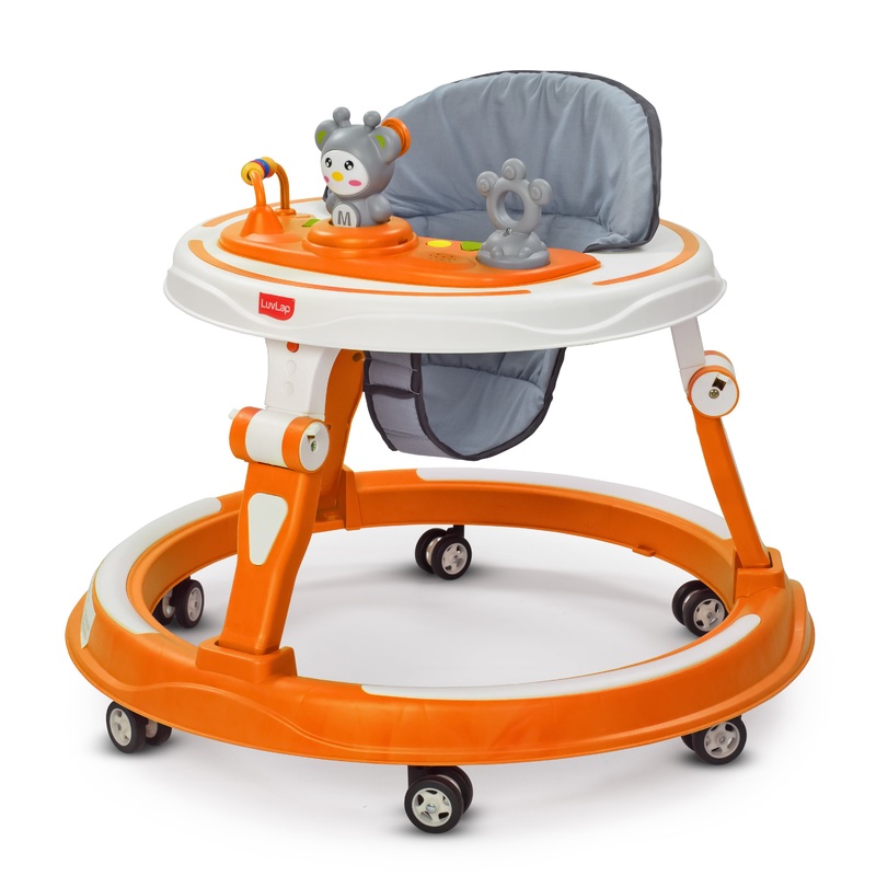 360 Joy Baby Walker 9+ Months | 3 Level Height Adjustment Walker with Switchable Food & Musical Toy Tray/Advanced Baby Activity Walker, Orange