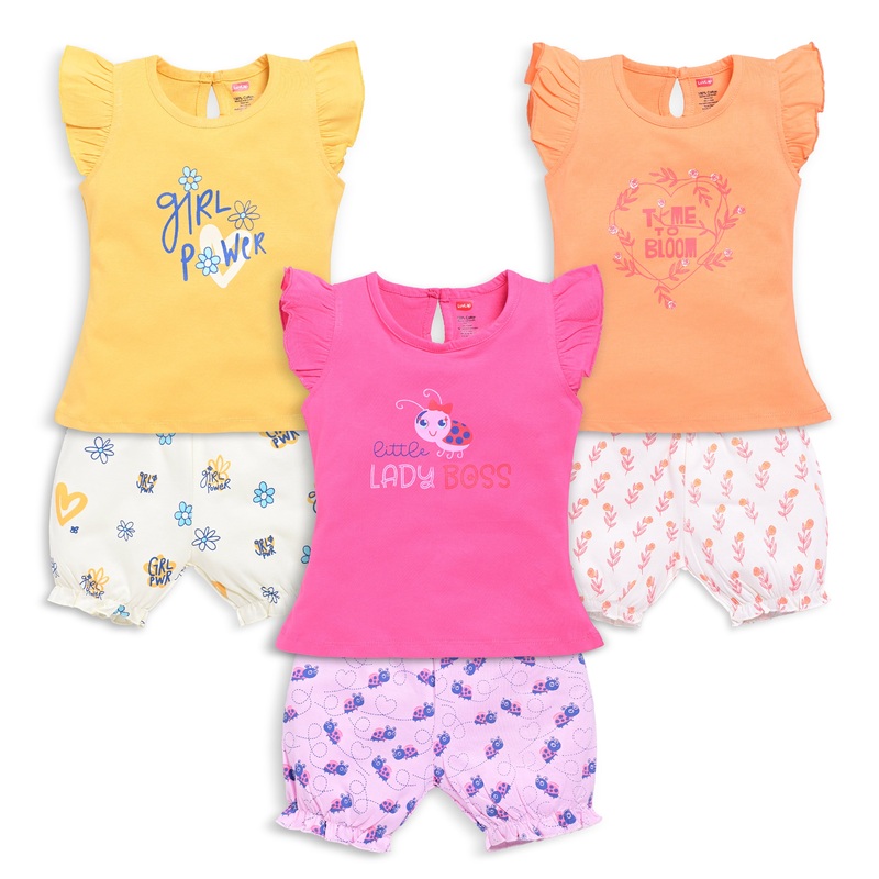 Baby Girls Regular Fit 100% Cotton Half Sleeves Girls Top CoSets Pack Of 3, Papaya, Hot Pink & Gold M – 3 to 6 Months
