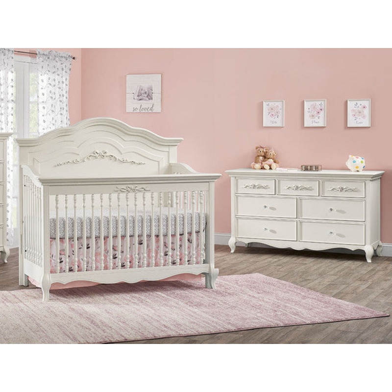 Oxford Bella 2 Piece Nursery Set – Convertible Crib and 7 Drawer Dresser in Pearl White