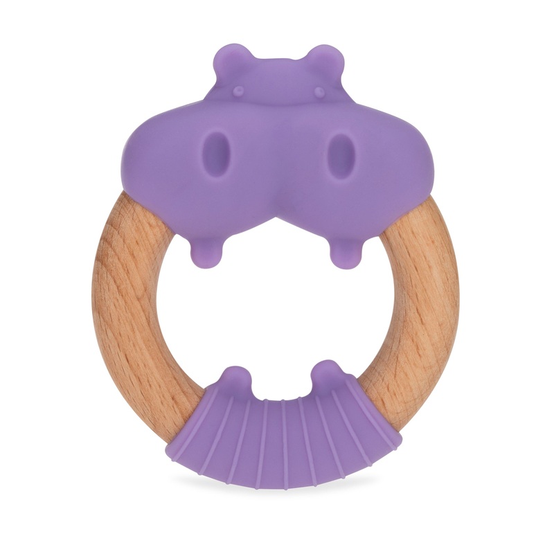 Wood and Silicone Natural Teether Loop Hippo