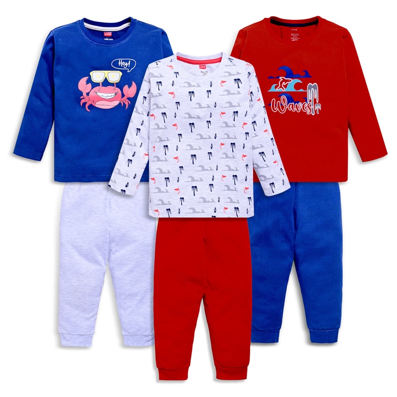 Baby Boys 100% Cotton Full Sleeve Boys T-Shirt & Pyjama Sets Pack Of 3, Navy, Aurora Red & Melange M – 3 to 6 Months