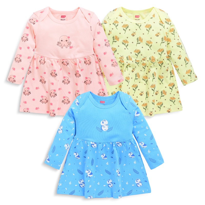 Baby Girls 100% Cotton Full Sleeve Girl Frock Pack Of 3, Lime Green, Light Peach & Baltic Sea L – 6 to 12 Months
