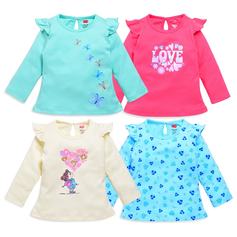 Baby Girls 100% Cotton Full Sleeve Girls Top Pack Of 4, Off White, Coral Red, Lt. Pastel Green & Aqua M – 3 to 6 Months