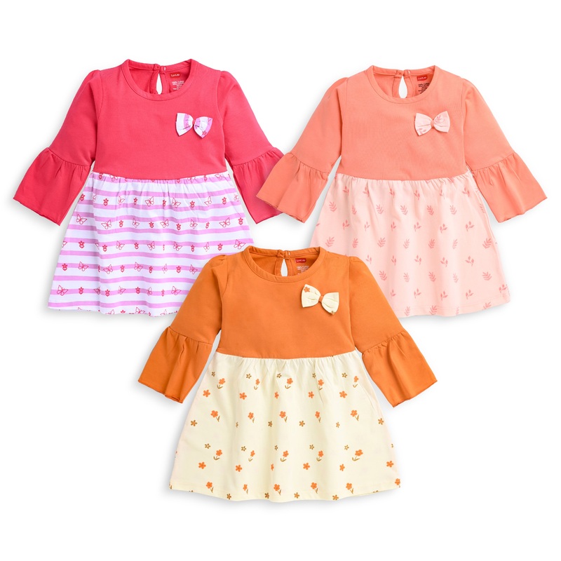 Baby Girls Pack Of 3 Full Sleeve Frock 100% Cotton L – 6 to 12 Months