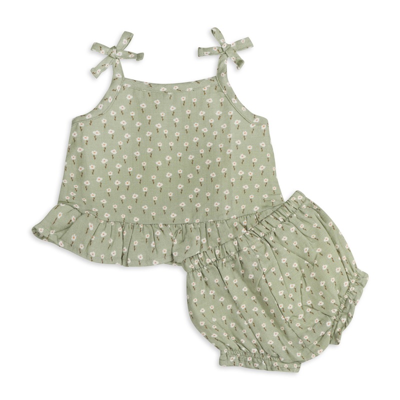 Sage Floral Shoulder Tie Baby Top + Shorts (Organic Muslin): SAGE / 12-18M
