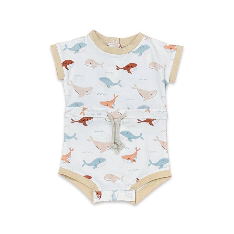 Whales Tie Playsuit Baby Romper (Organic Jersey): 6-12M / Natural
